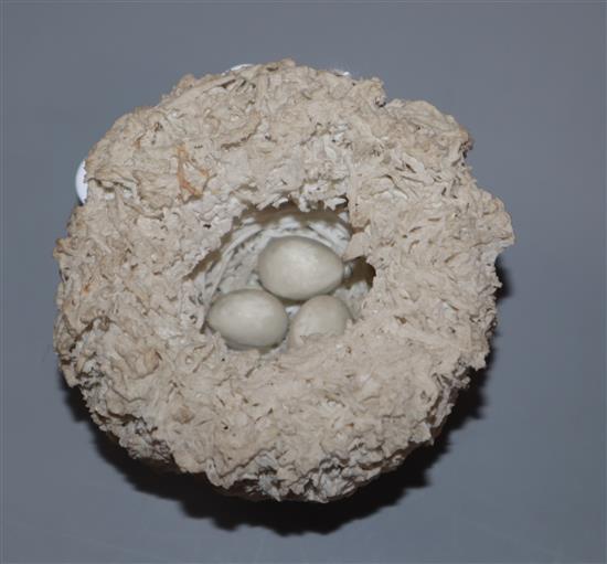 A Bristol porcelain model of a birds nest, modelled by Edward Raby for Pountney & Co, Dia 8cm